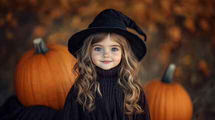 Halloween child girl dressed witch portrait. Beautiful woman witch hat long curly red hair