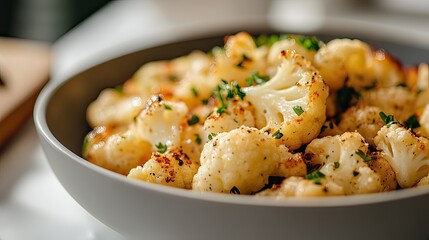 Indulgent homemade crispy roasted cauliflower with parmesan on a white background captured in natural afternoon light
