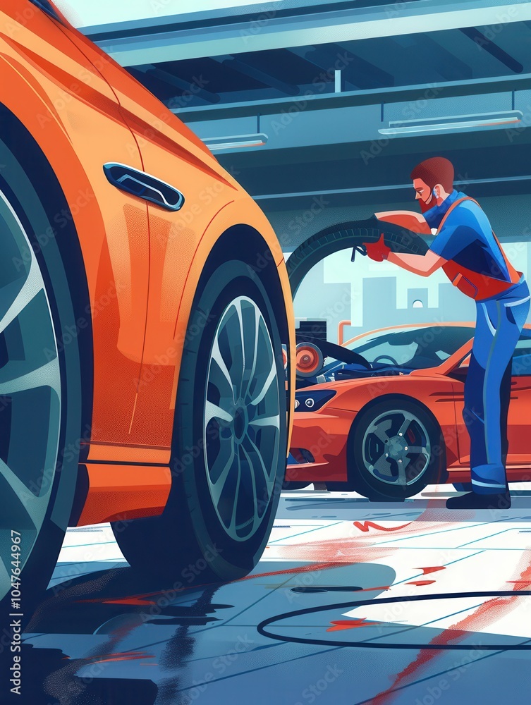 Aufkleber a mechanic replaces tires on a car in a busy garage, surrounded by additional vehicles and tools, sh