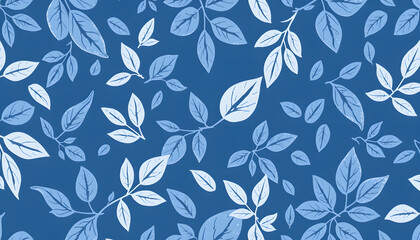 Blue seamless pattern of leaves. Decorative floral background isolated with white highlights, png