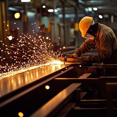 Male worker in a yellow hard hat generating sparks while cutting metal.