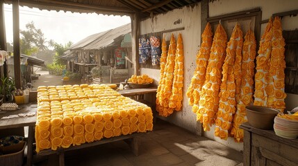 A small shop in a rural village with yellow garlands hanging on the wall and yellow flower decorations on a table.