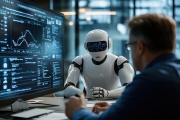 A robot and a man are shown discussing analytical data on a computer screen, representing collaboration between humans and artificial intelligence.