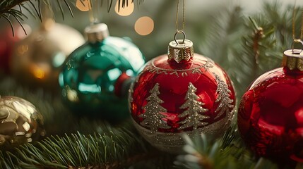 Close up of antique-inspired Christmas ornaments. Holiday nostalgia for traditional festive decorations with retro colors and classic designs