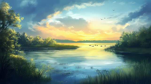 Serene coastal lagoon with calm waters, hidden gem, coastal wildlife, peaceful retreat kayaking, birdwatching, coastal sunset. Hidden Lagoon. Illustration