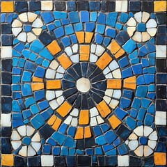 Fototapeta premium Blue, orange, and white mosaic tile pattern.