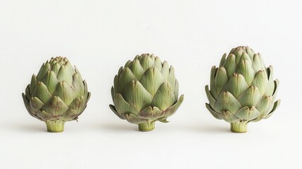 Obraz premium Three artichokes of varying sizes displayed on a clean white background in a detailed hyper-realistic style capturing their texture and form