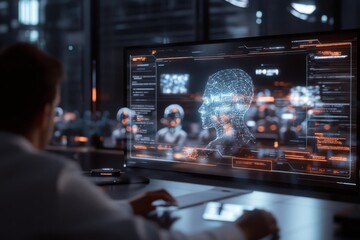 A person is engaged with a digital face on a futuristic screen, blending analysis and imagination, pushing technology to new boundaries, and integrating AI.