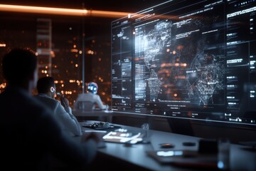 A team analyzes complex data on a digital interface displaying a world map, reflecting modern technology and global connectivity in a futuristic office setting.