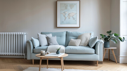 Fototapeta premium Minimalist interior design of modern living room with light blue sofa and wall map 