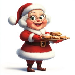 Smiling Mrs. Claus holds a plate of cookies.