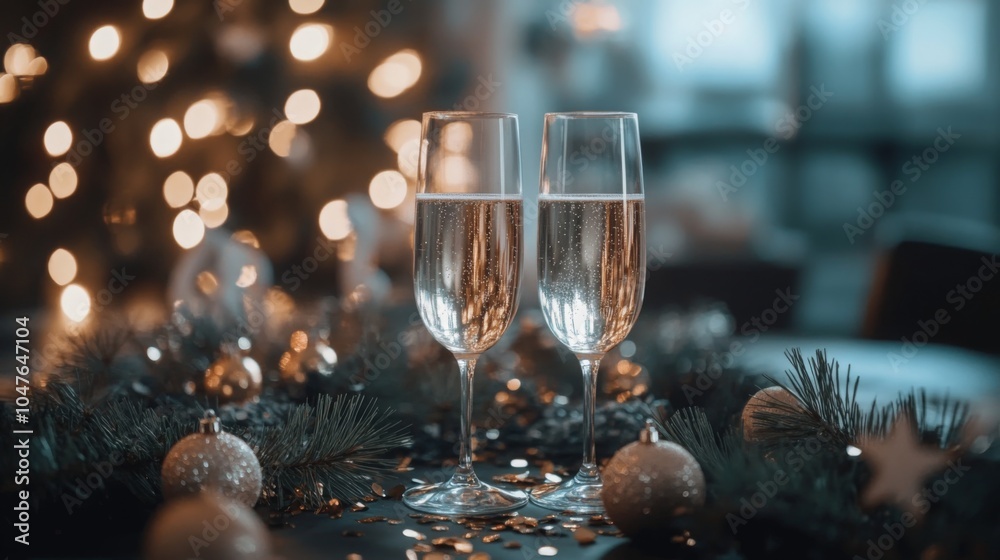 Poster Two elegant flutes filled with sparkling beverage sit on a table adorned with festive decorations while a Christmas tree twinkles in the background, creating a warm and celebratory atmosphere.
