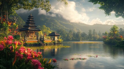 Obraz premium Serene Temple on a Lake in Bali