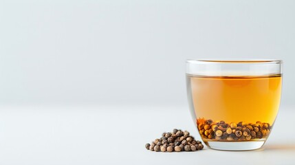 Peppercorn tea in a clear glass cup with loose black peppercorns on a minimalistic white background, offering a soothing and calming hot beverage layout with copy space for design use.

