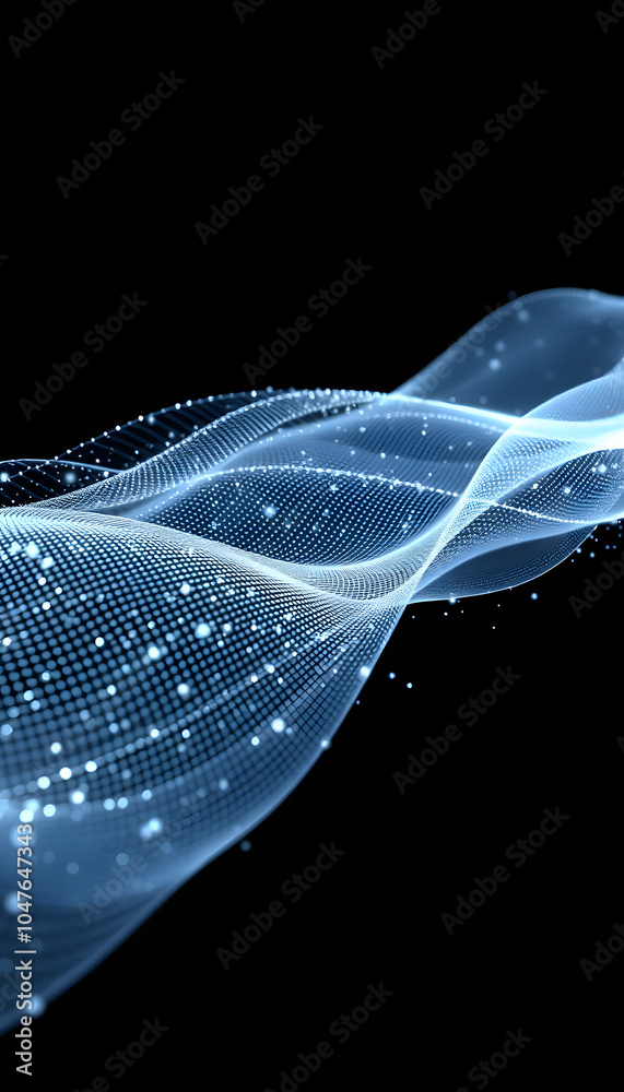 Wall mural abstract digital wave technology with flowing particles. connection lots and line on dark background