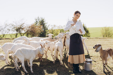 Young Woman Feeding Goats In A Pastoral Farm Setting During A Sunny Day In The Countryside