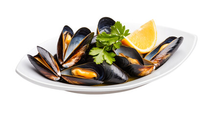 Steamed mussels on a plate on a transparent background.