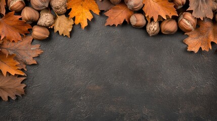 Obraz premium A collection of hazelnut fruits with vibrant leaves artistically clustered on a dark backdrop, showcasing a minimalistic aesthetic