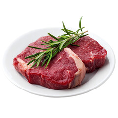 Pieces of raw roast beef with ingredients on transparent background.