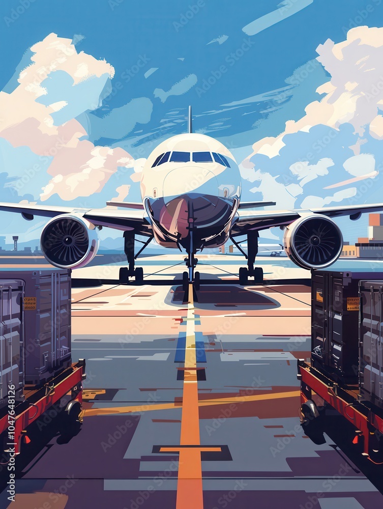 Poster A cargo airplane is positioned on the runway, surrounded by various loading and unloading equipment as preparations for takeoff occur. Generative AI