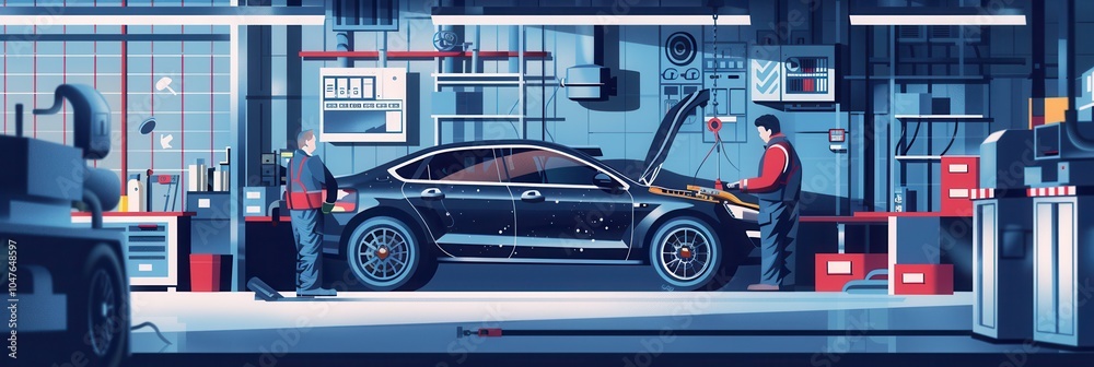 Fototapete A skilled mechanic examines the undercarriage of a vehicle raised on a hoist in a well-equipped workshop, ensuring optimal performance. Generative AI