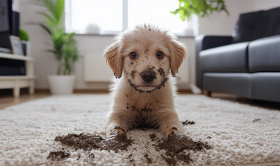 Cute puppy dirty with mud on the carpet in the living room, generated ai