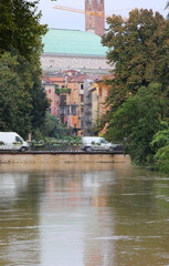 Obraz premium bridge called PONTE FURO in the city of Vicenza in Northern Italy almost submerged by the BACCHIGLIONE river during a flood