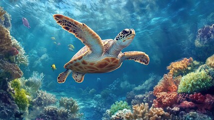 Fototapeta premium A marine turtle swimming gracefully in a coral reef, its natural habitat filled with vibrant marine life.
