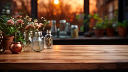 Wooden tabletop in front of blurred kitchen bench for home or cooking content backgrounds.