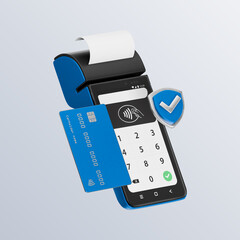 Phone NFC, bank card, contactless payment, empty screen. Cashless society concept on black background. Digital transfer of money. 3d render illustration. Clipping path included.
