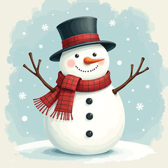 Cheerful Classic Snowman With A Carrot Nose Wearing Scarf and Cap And Hat Vector Illustration