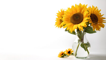 Naklejka premium Sunflowers in a vase on side position provides copy space for text. background concept isolated white