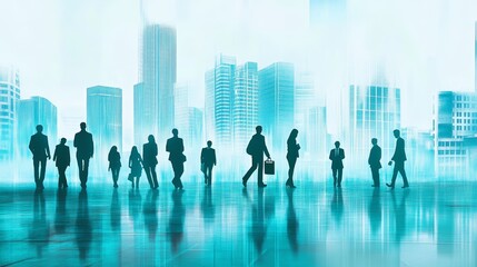 Fototapeta premium Silhouettes of diverse professionals in a modern urban landscape, conveying ambition.