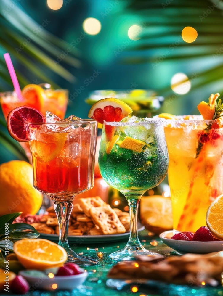 Poster a vibrant table displays an array of colorful cocktails accompanied by fresh fruit slices and delici