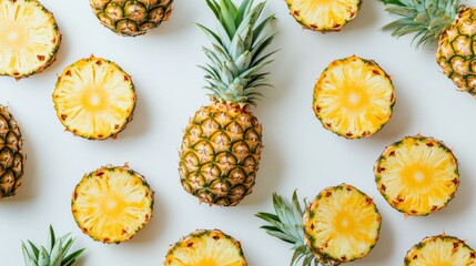 Fresh pineapples and their slices, artistically displayed on a white background, highlighting their vibrant yellow and green hues