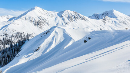 Obraz premium Snowy Mountain Majesty: Panoramic view of pristine snow-covered mountain peaks under a vibrant blue sky. A breathtaking winter wonderland scene. 