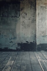 Aged empty room with textured walls and wooden floor, medium lighting, rustic aesthetic, historical feel.