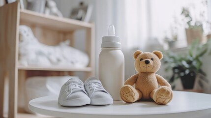 Maternity Leave Concept. Baby Shoes and Toy Bear on White Table in Room Background