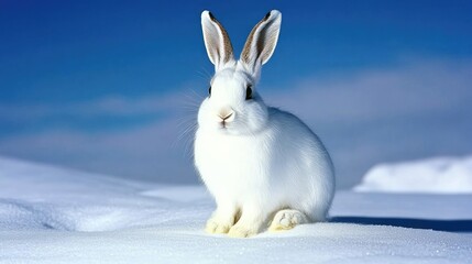 A snowshoe hare with soft white fur and large ears sits quietly in the snowy tundra, surrounded by pristine winter beauty
