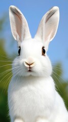 Obraz premium A snowshoe hare with soft white fur and large ears sits quietly in the snowy tundra, surrounded by pristine winter beauty.