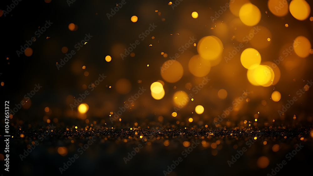 Aufkleber Abstract glitter lights in gold and black create a disheveled background with fading focus from the scattered banner.