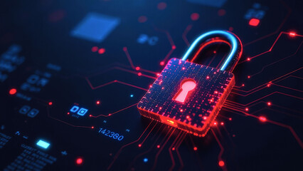 Fototapeta premium Red glowing padlock protecting digital data on futuristic circuit board