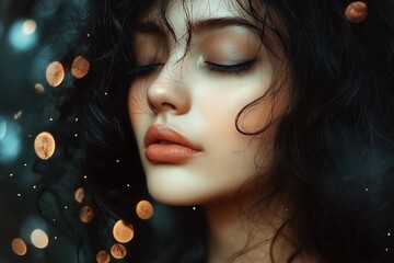 Naklejka premium A close-up portrait of an ethereal woman with curly hair and a dreamy expression, capturing delicate beauty and emotion.