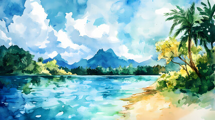Watercolor a hidden island paradise that is home to a peaceful. Hidden Lagoon. Illustration