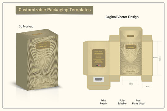 Perfume Packaging design, luxury box design template, Box die line, 3d Box Mockup, and Design elements. Illustration Vector design Template.