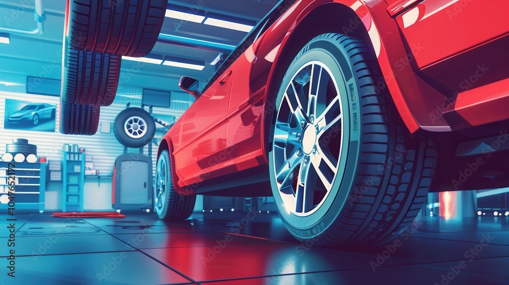 Poster technicians are changing tires on a red car in an auto repair shop, surrounded by tools and addition
