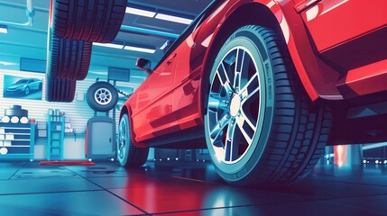 Technicians are changing tires on a red car in an auto repair shop, surrounded by tools and additional tires on display. Generative AI