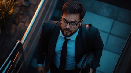 A businessman in a suit and tie looks up at the camera as he descends a set of stairs.