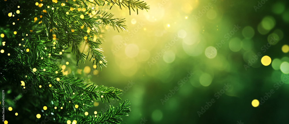 Poster A close-up image of a green pine branch with small, bright lights hanging from it. The background is a soft green blur with bokeh effects, creating a dreamy atmosphere.
