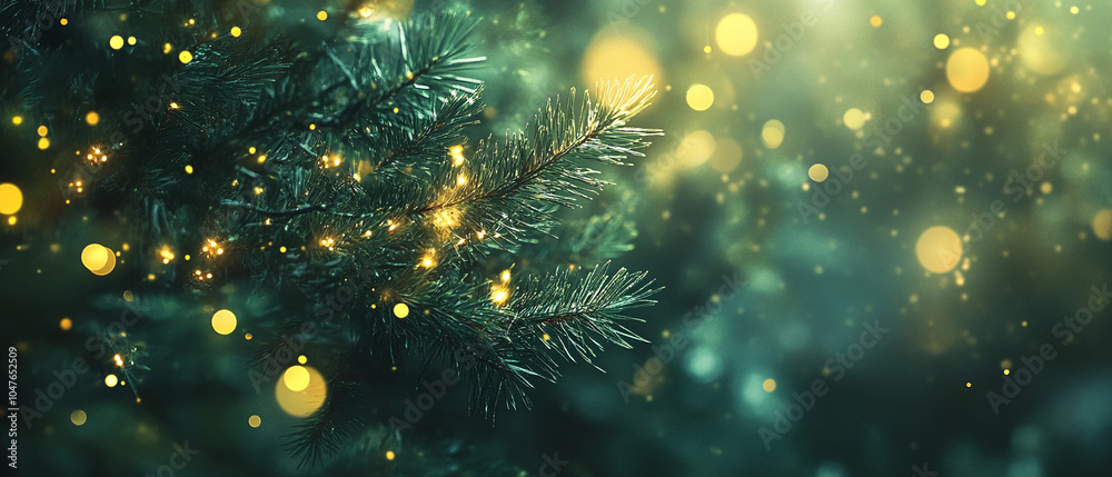 Poster A close-up shot of a pine tree branch with many golden lights shining through the needles. The background is a blurred forest scene with a soft, green hue.
